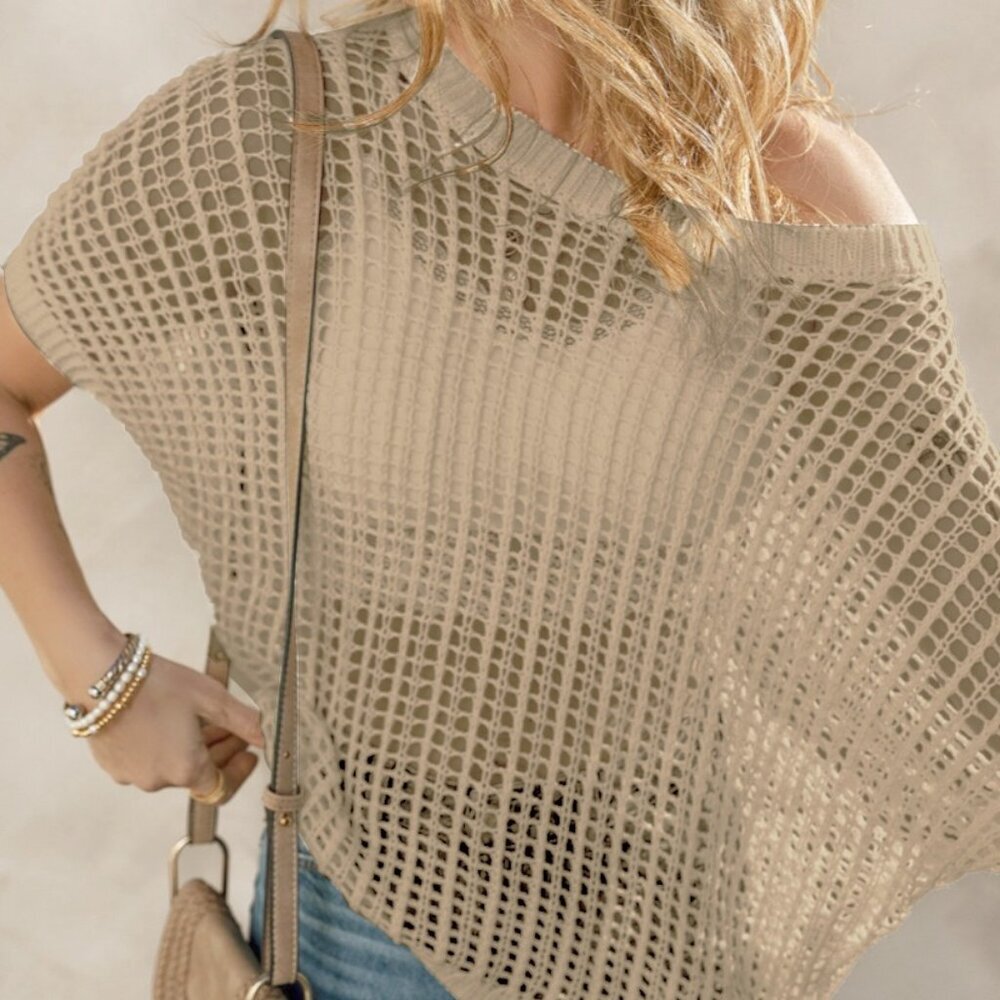 NWT SYNZ Openwork Round Neck Half Sleeve Knit Cover Up